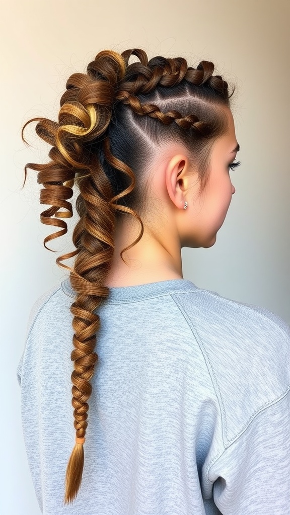 A hairstyle featuring French curls combined with intricate braids.