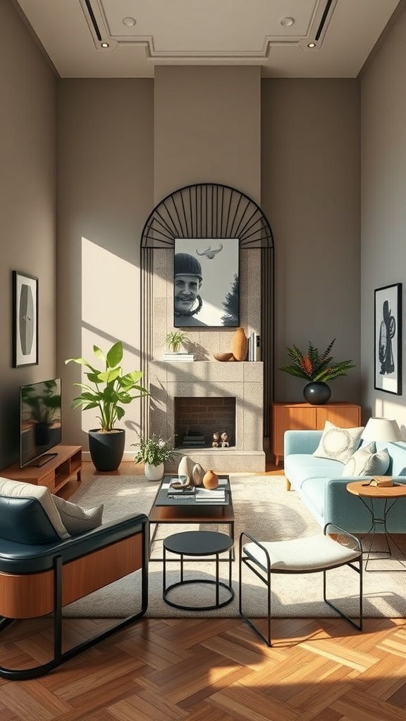 A modern living room with Art Nouveau elements, showcasing a blend of furniture and decor.