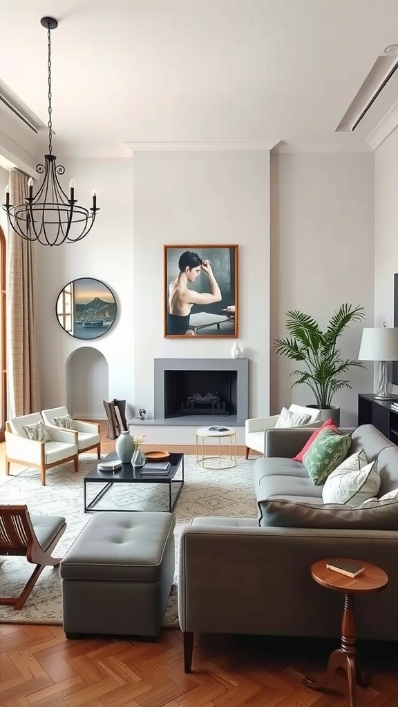 A modern Italian living room with traditional artwork and cozy furniture.