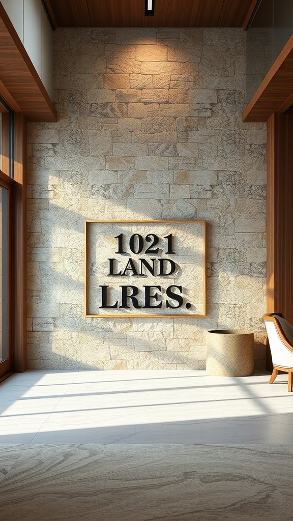 Interior design featuring a stone wall and wooden accents.