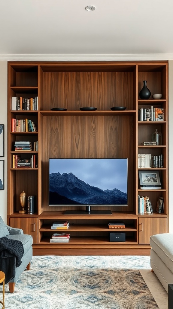A modern TV unit combined with bookshelves in a cozy living room.
