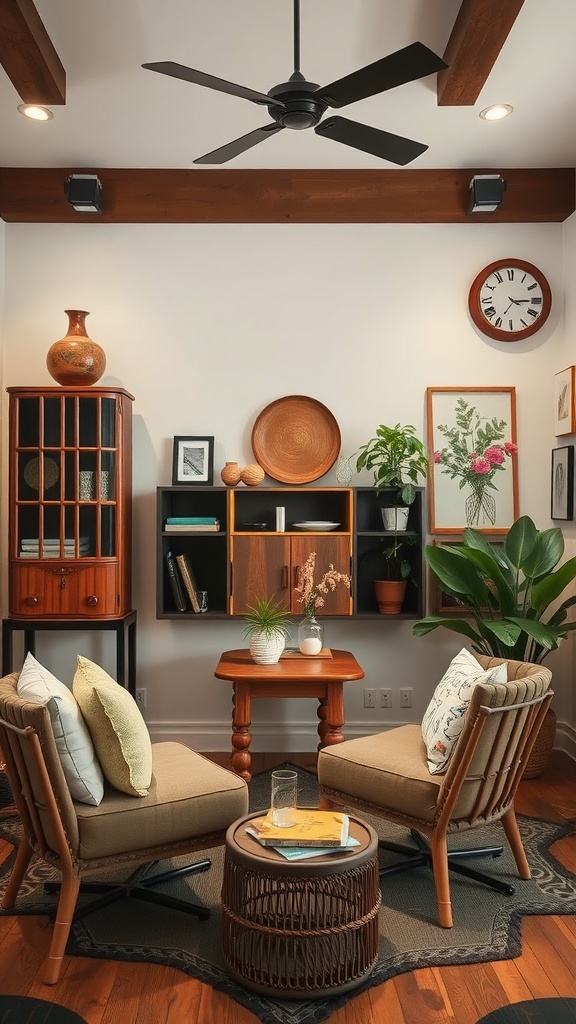 A cozy interior featuring vintage and modern design elements.