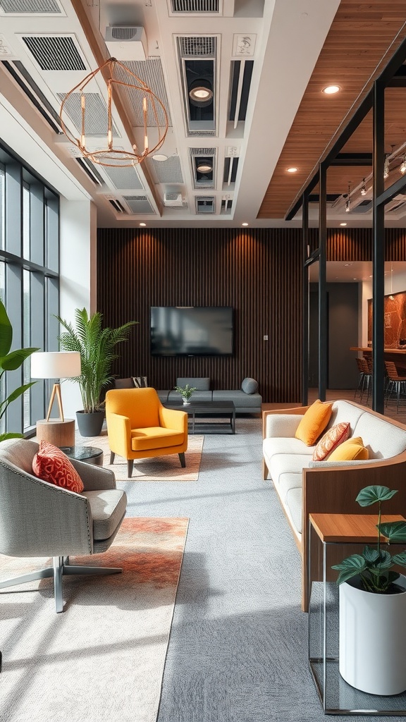 A modern office lounge with bright orange chairs, sleek furniture, and large windows.