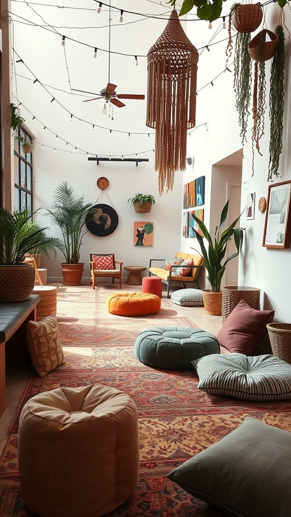 A boho-inspired interior featuring various seating options, including poufs and cushions, with a warm and inviting atmosphere.