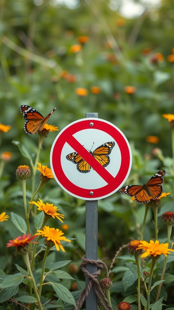 A warning sign with images of butterflies, surrounded by colorful flowers.