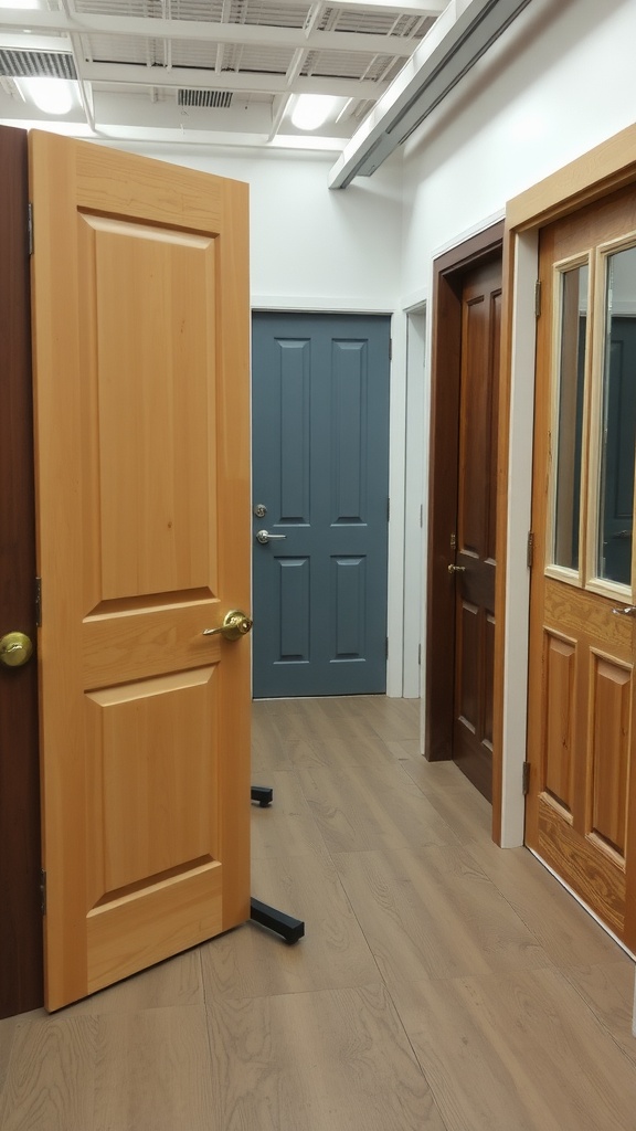 A selection of different wood interior doors in a display setting.