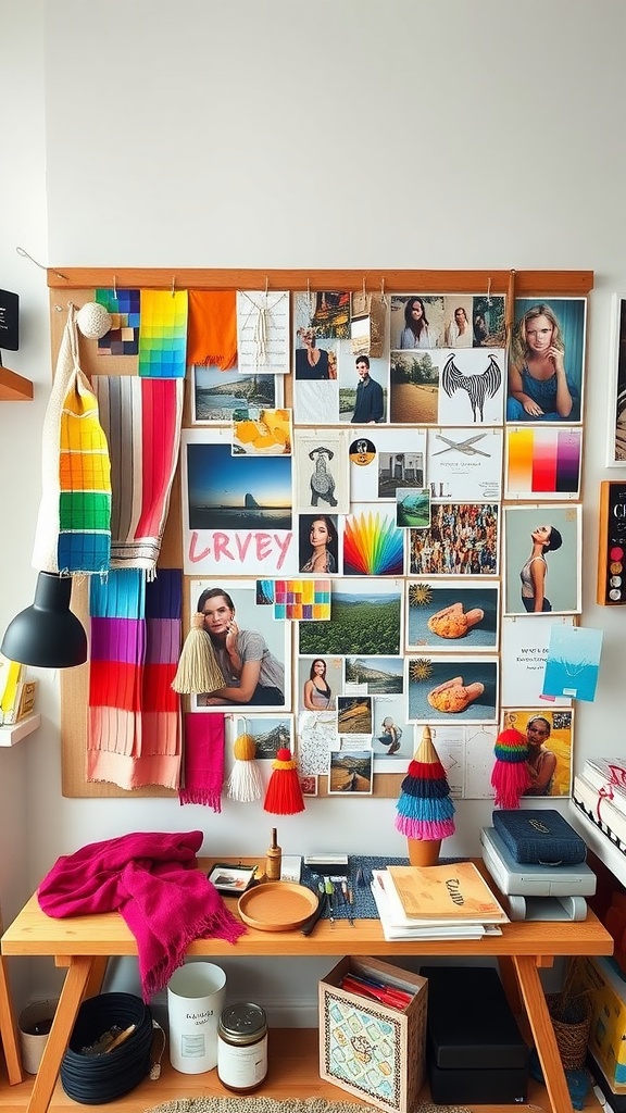 A colorful moodboard showcasing various images, textures, and colors for interior design inspiration.