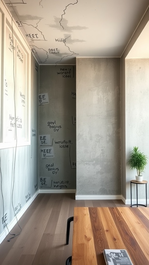 Interior view showing a concrete wall with sketches and drywall, featuring a wooden table and a plant.