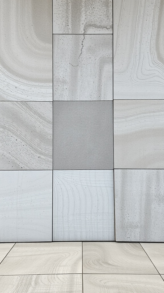 Various finishes of concrete wall panels in a modern interior setting.