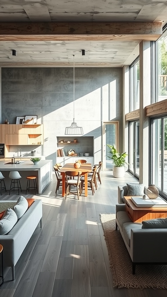 An interior view of an open concept living space featuring concrete walls, large windows, and modern furniture.