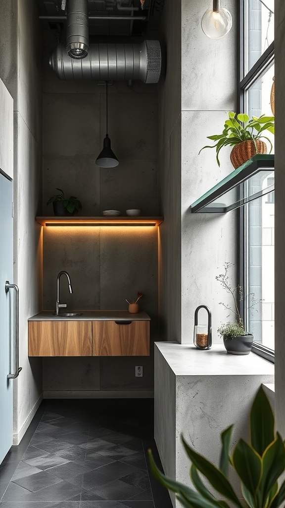 Modern interior with concrete walls, wooden elements, and plants.