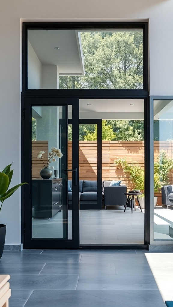 Interior view of contemporary black sliding doors leading to a patio area.