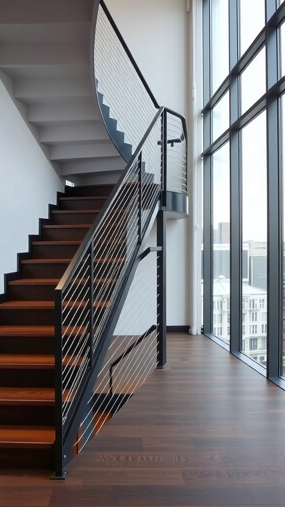 A contemporary staircase featuring cable railing and large windows.