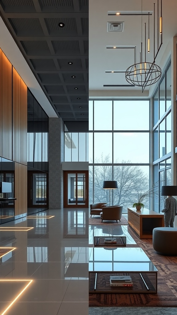 Interior view of a modern lobby showcasing contemporary design elements.