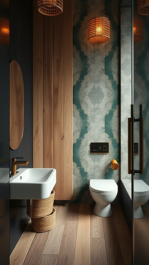 Modern bathroom interior showcasing a blend of wood and patterned tiles.