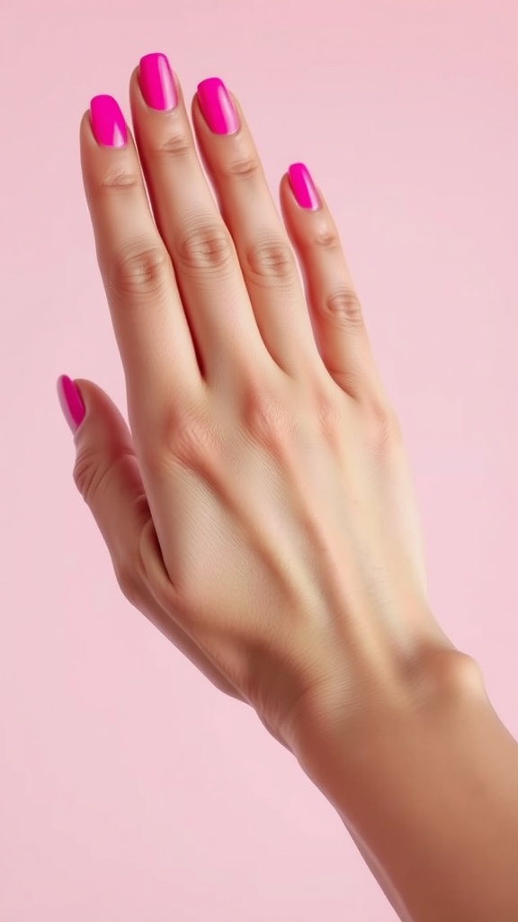 A hand showing nails painted in various shades of hot pink against a soft pink background.