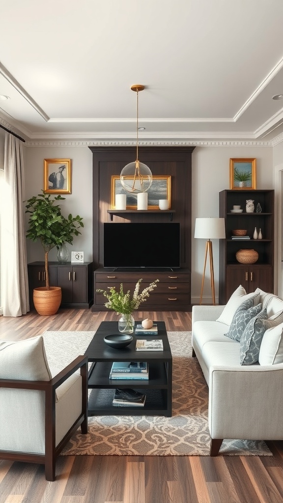 Living room with dark wood features and light decor elements, including light sofas and a rug.