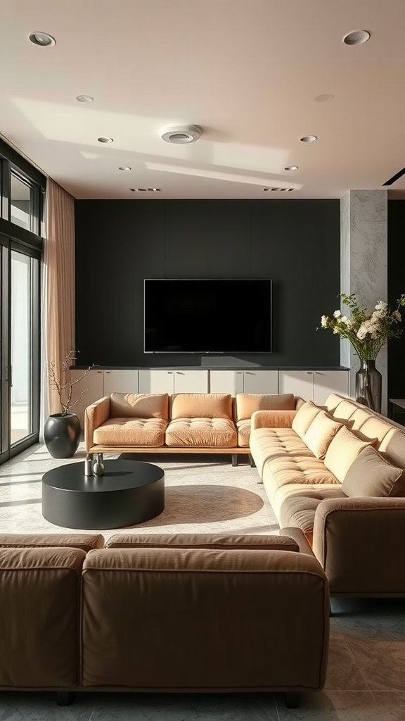 A modern living room featuring a beige sofa, dark wall, and round coffee table.