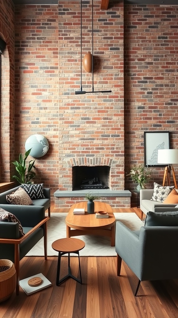A living room featuring a brick wall, modern furniture, and a cozy atmosphere.