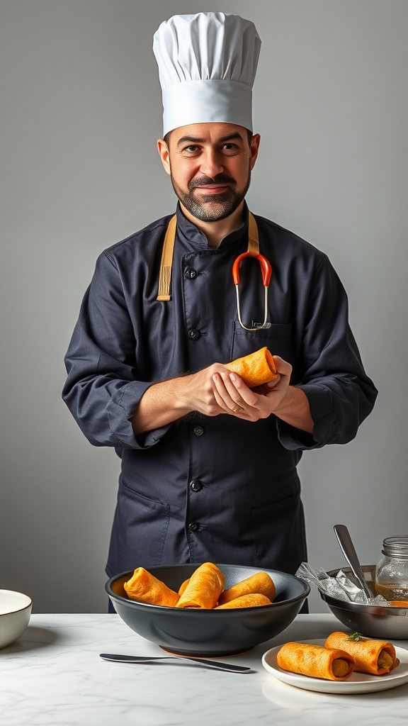 A chef preparing keto egg rolls with various ingredients on the table.
