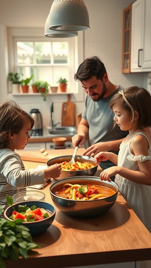 A family cooking together in a cozy kitchen, preparing a meal.