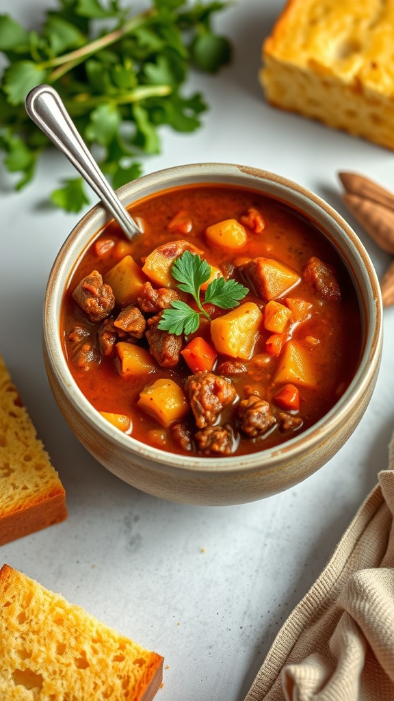 Delicious cornbread served with a hearty bowl of chili.