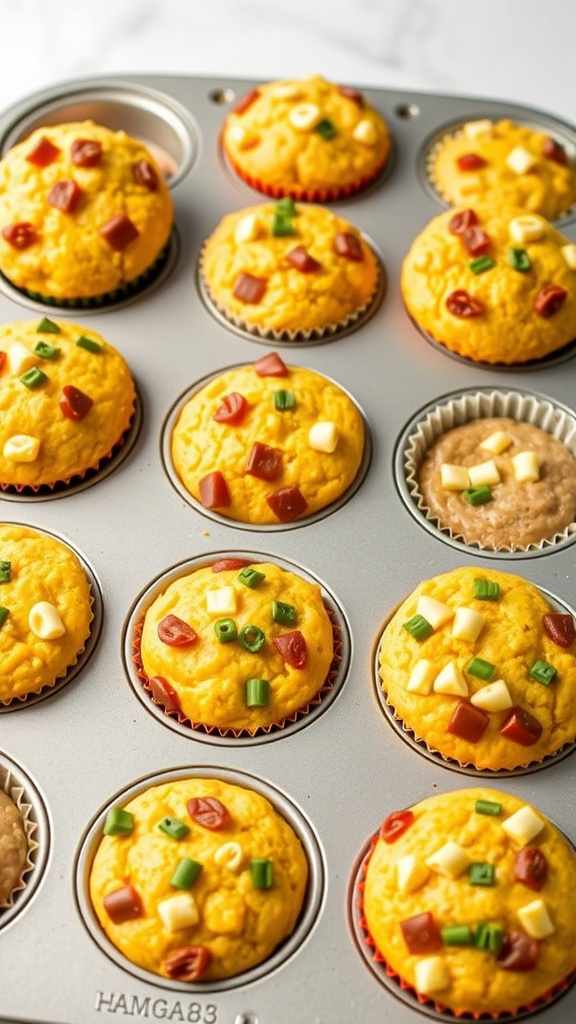 Freshly baked cornbread muffins topped with cheese and green onions.