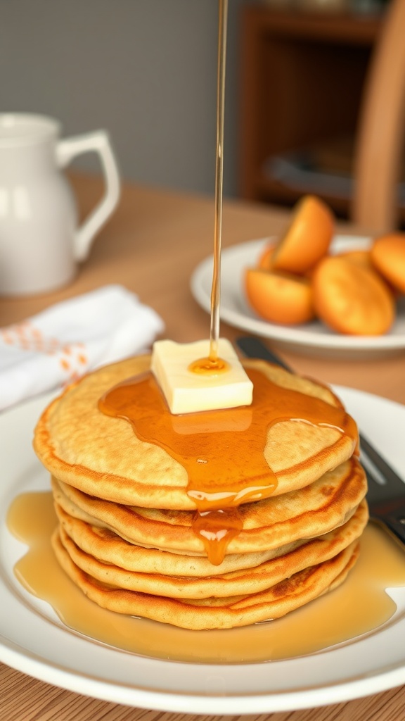 A stack of cornbread pancakes with syrup and butter on top