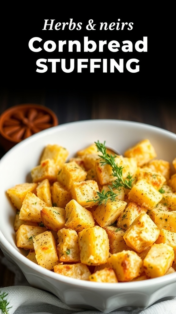 Delicious cornbread stuffing with herbs in a white bowl.