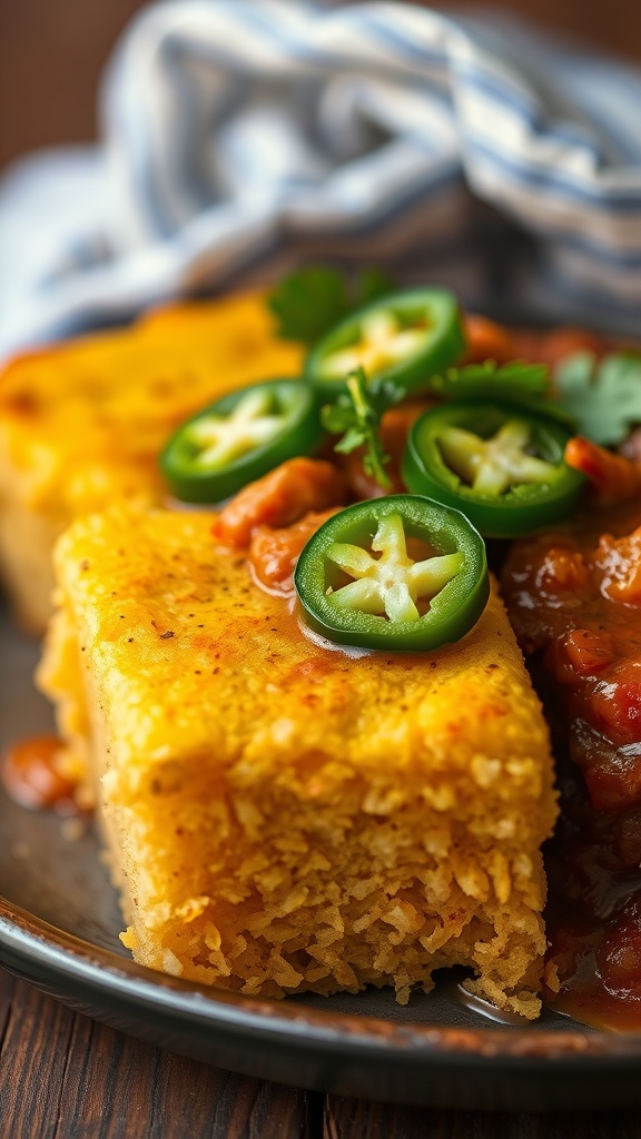 Delicious cornbread topped with jalapeños and served with salsa