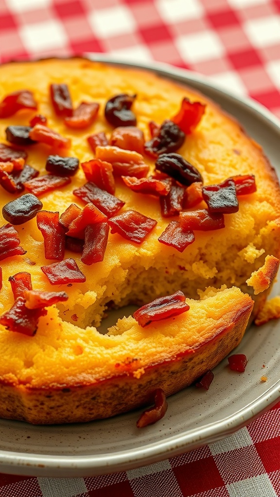 A slice of cornbread topped with crispy bacon bits on a plate.