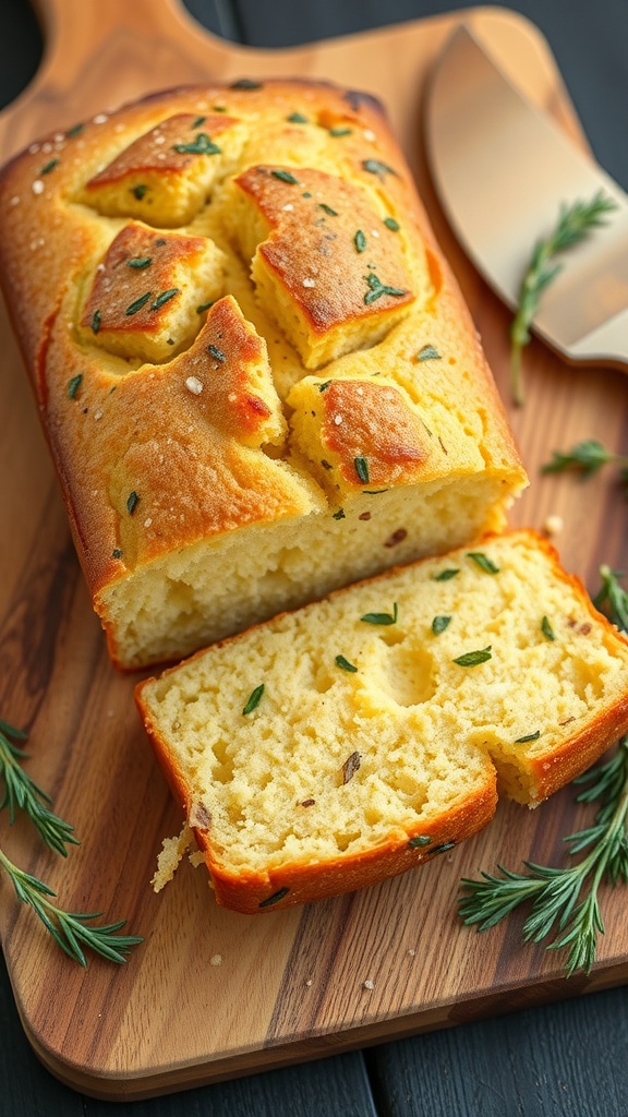 A loaf of cornbread topped with fresh herbs, sliced and served on a wooden board.