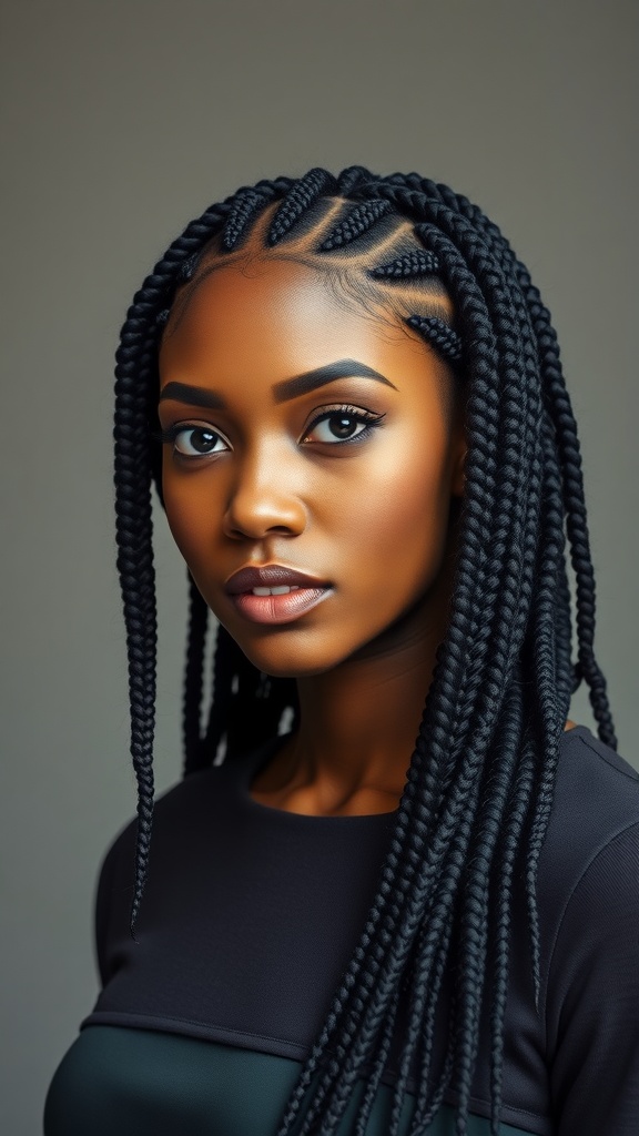 A woman with cornrowed box braids, showcasing a stylish and protective hairstyle.
