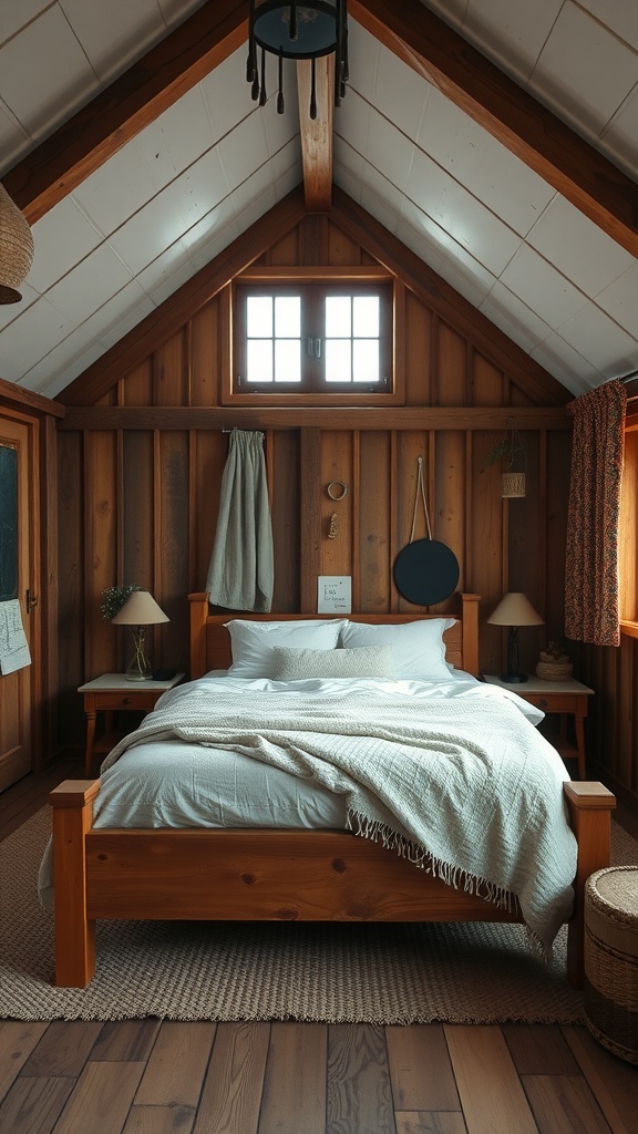 Interior of a cozy barndominium bedroom with wooden accents and soft bedding.