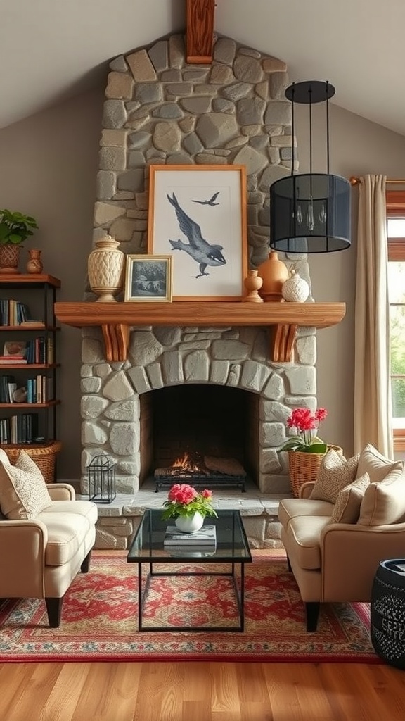 A cozy stone fireplace with warm seating and decorative elements for Mediterranean interior design.