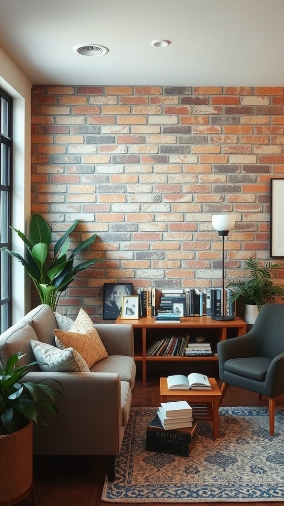 Cozy living room with a brick wall, plants, and comfortable furniture.