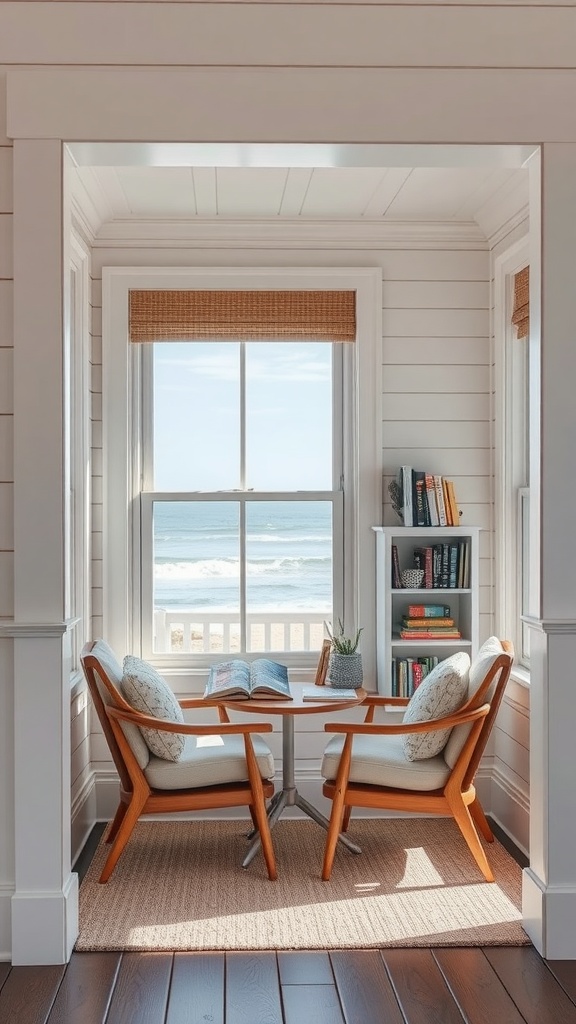 A cozy reading nook with two chairs, a small table, and a bookshelf, overlooking the beach.