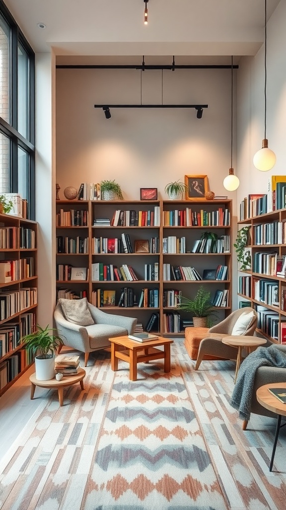 A cozy reading nook with bookshelves, comfortable seating, and soft lighting.