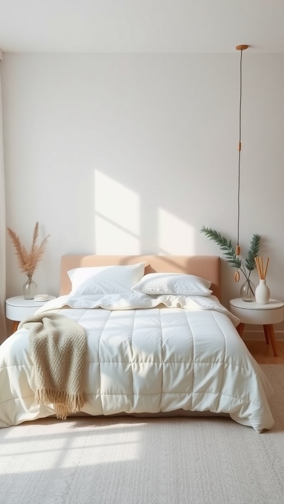 A serene bedroom with soft bedding and natural decor.