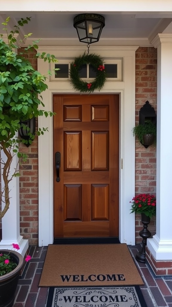 A charming entryway with a wooden door, welcome mats, and potted plants.