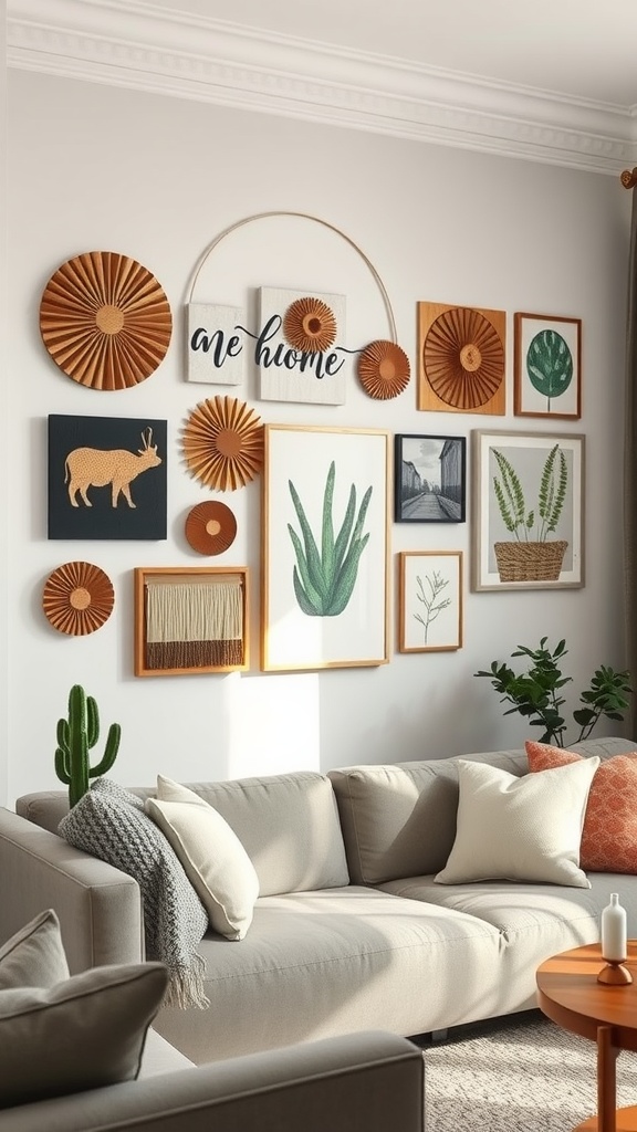 A cozy living room featuring a variety of personalized wall art, including plants and unique designs.