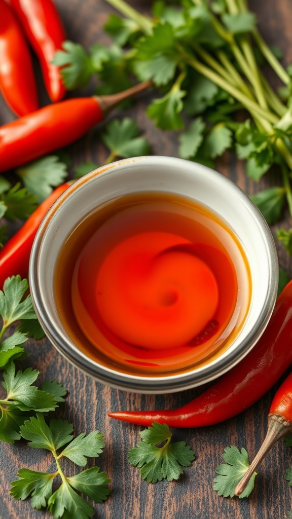 A bowl of vibrant sauce surrounded by fresh red chilies and coriander leaves.