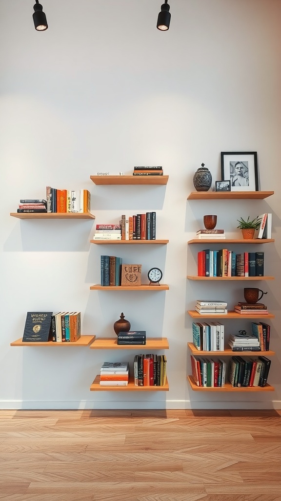 Stylish wall-mounted wooden shelves displaying books and decorative items.