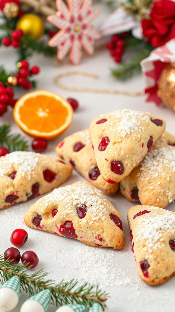 Cranberry orange scones with powdered sugar on top, surrounded by holiday decorations.