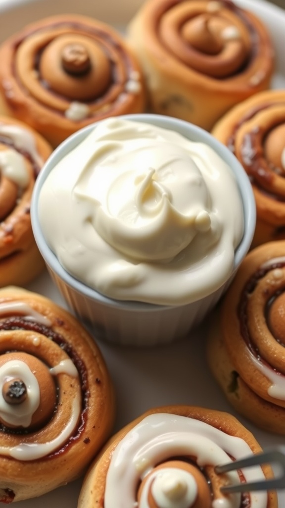 Cream cheese icing in a bowl next to fresh cinnamon rolls