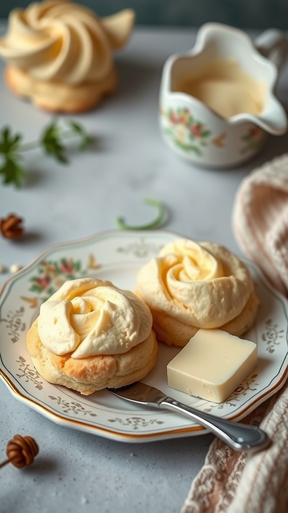 Delicious cream cheese keto biscuits on a decorative plate with butter.