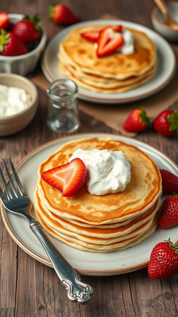 Delicious cream cheese keto pancakes served with strawberries and whipped cream