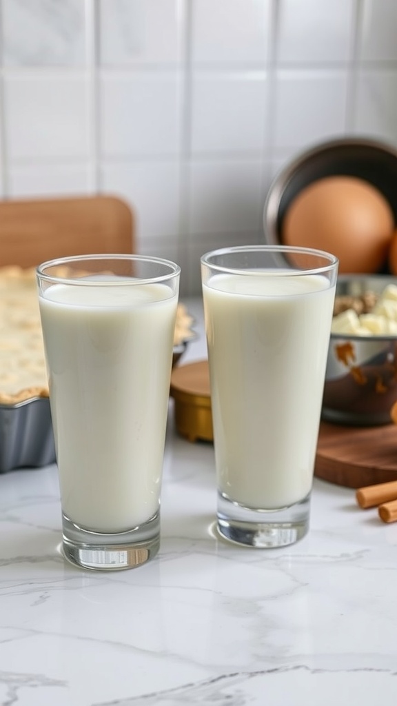Two glasses of milk on a table with pumpkin pie ingredients in the background.
