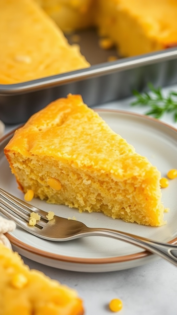 A slice of creamed corn cornbread on a plate, garnished with sweet corn kernels.