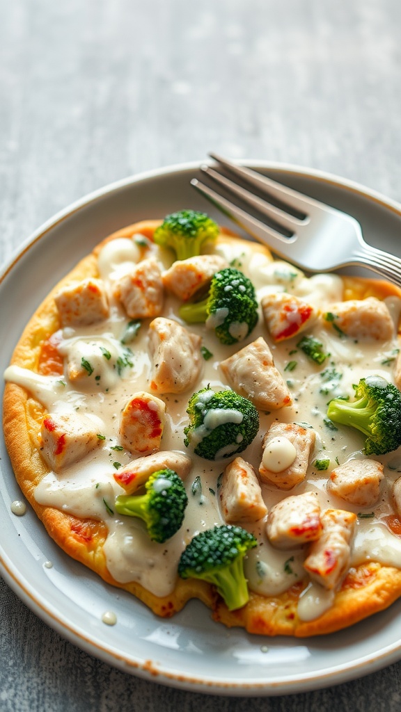Creamy Alfredo keto pizza with chicken and broccoli.